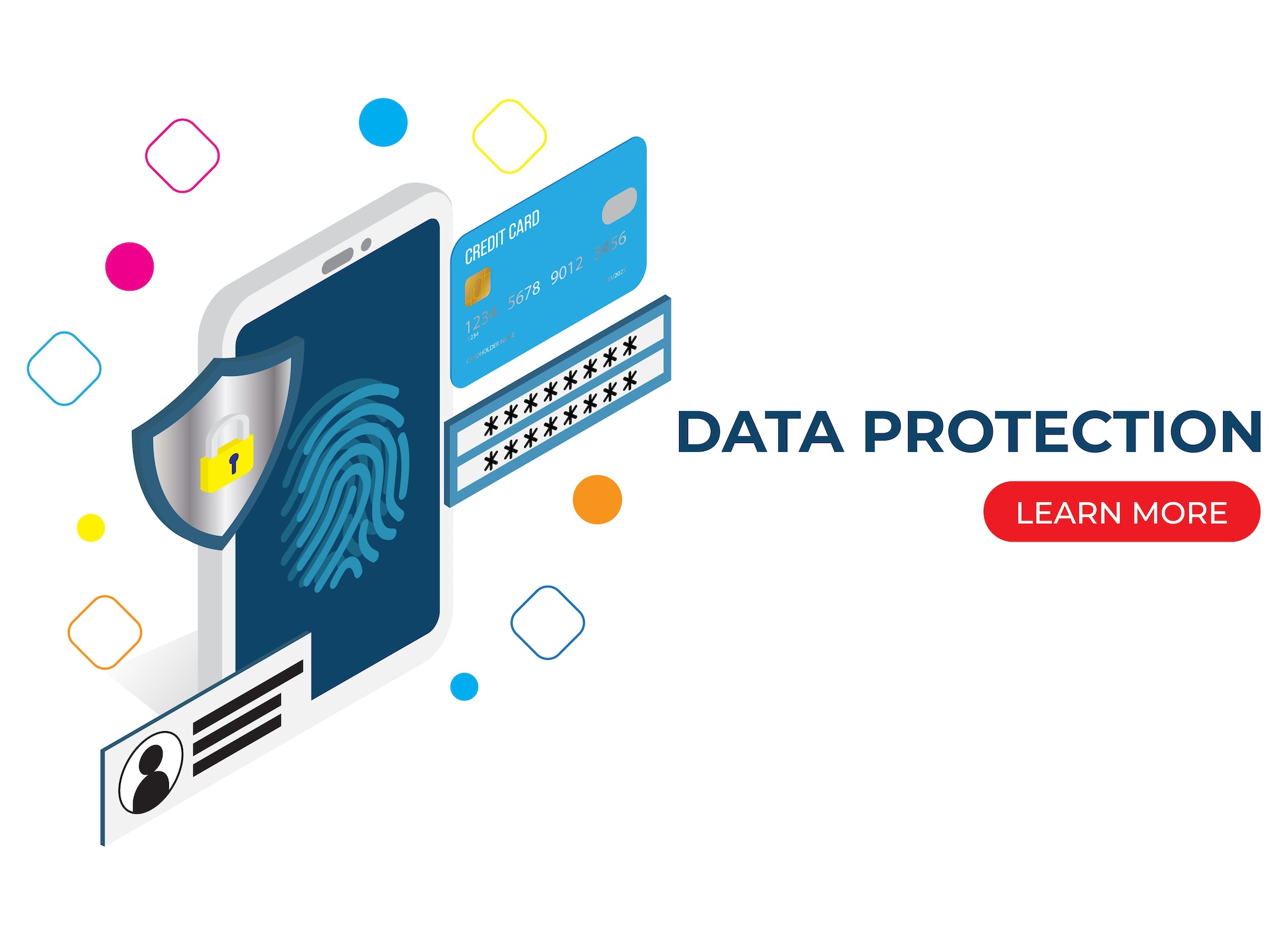 Data protection in isometric concept. Credit card check and software access data as confidential.
